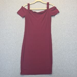Burgundy Off Shoulder Bodycon Dress Ruched Strap Short Sleeve Size L
